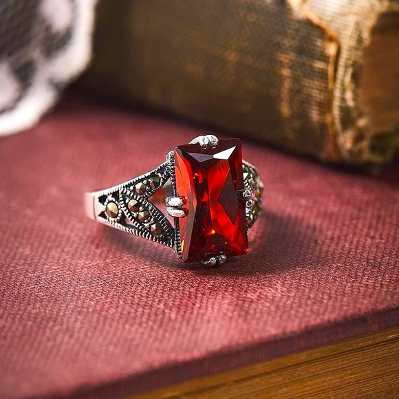Neiman Marcus Jewelry - New Bridgeton Era Look Sim. Ruby Marcasite Sterling Silver Ring